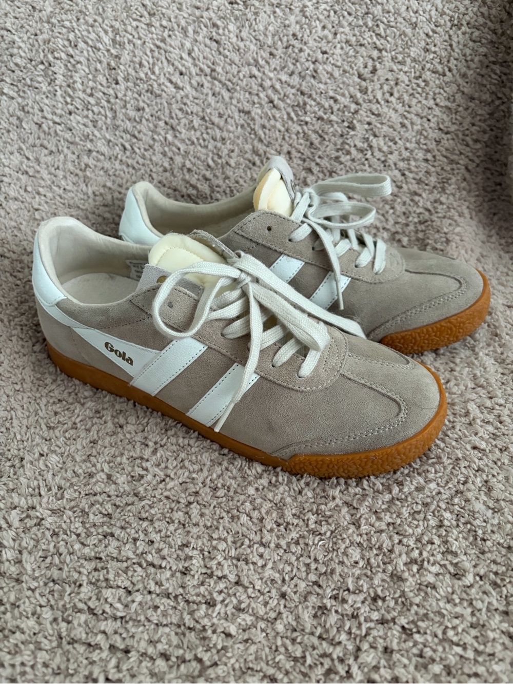 Gola Men's Taupe Suede Sneakers with White Stripes and Gum Sole